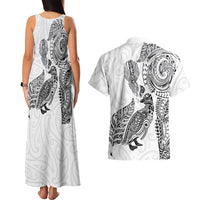 Aotearoa Moko Tribal Tattoo Couples Matching Tank Maxi Dress and Hawaiian Shirt New Zealand Maori Penguin and Fantail White Color LT03 - Polynesian Pride