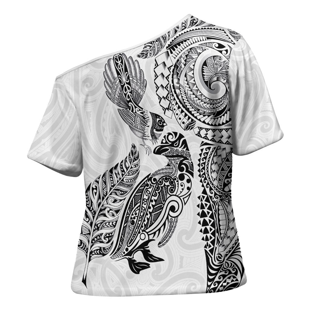 Aotearoa Moko Tribal Tattoo Cross Shoulder Shirt New Zealand Maori Penguin and Fantail White Color LT03 - Polynesian Pride