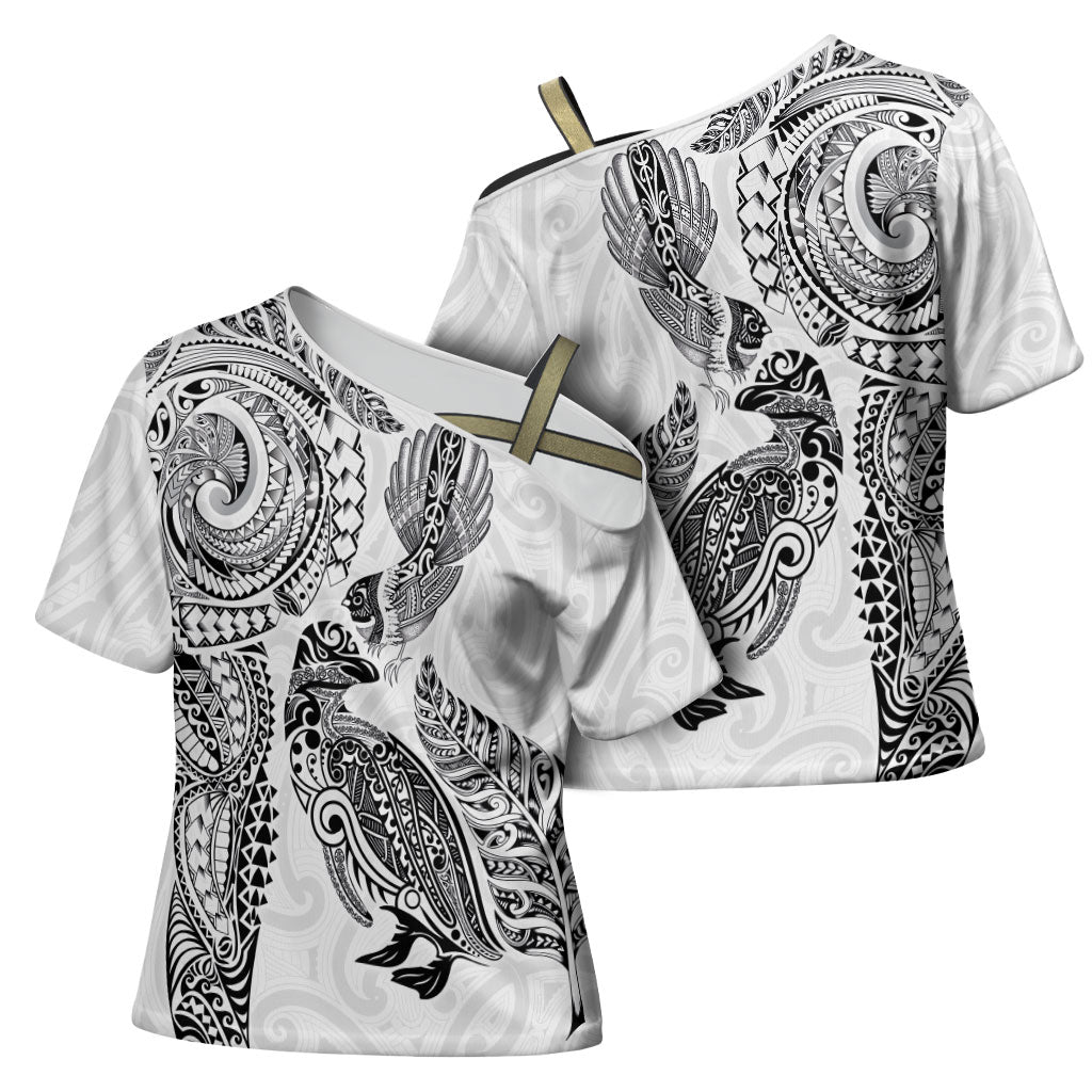 Aotearoa Moko Tribal Tattoo Cross Shoulder Shirt New Zealand Maori Penguin and Fantail White Color LT03 - Polynesian Pride
