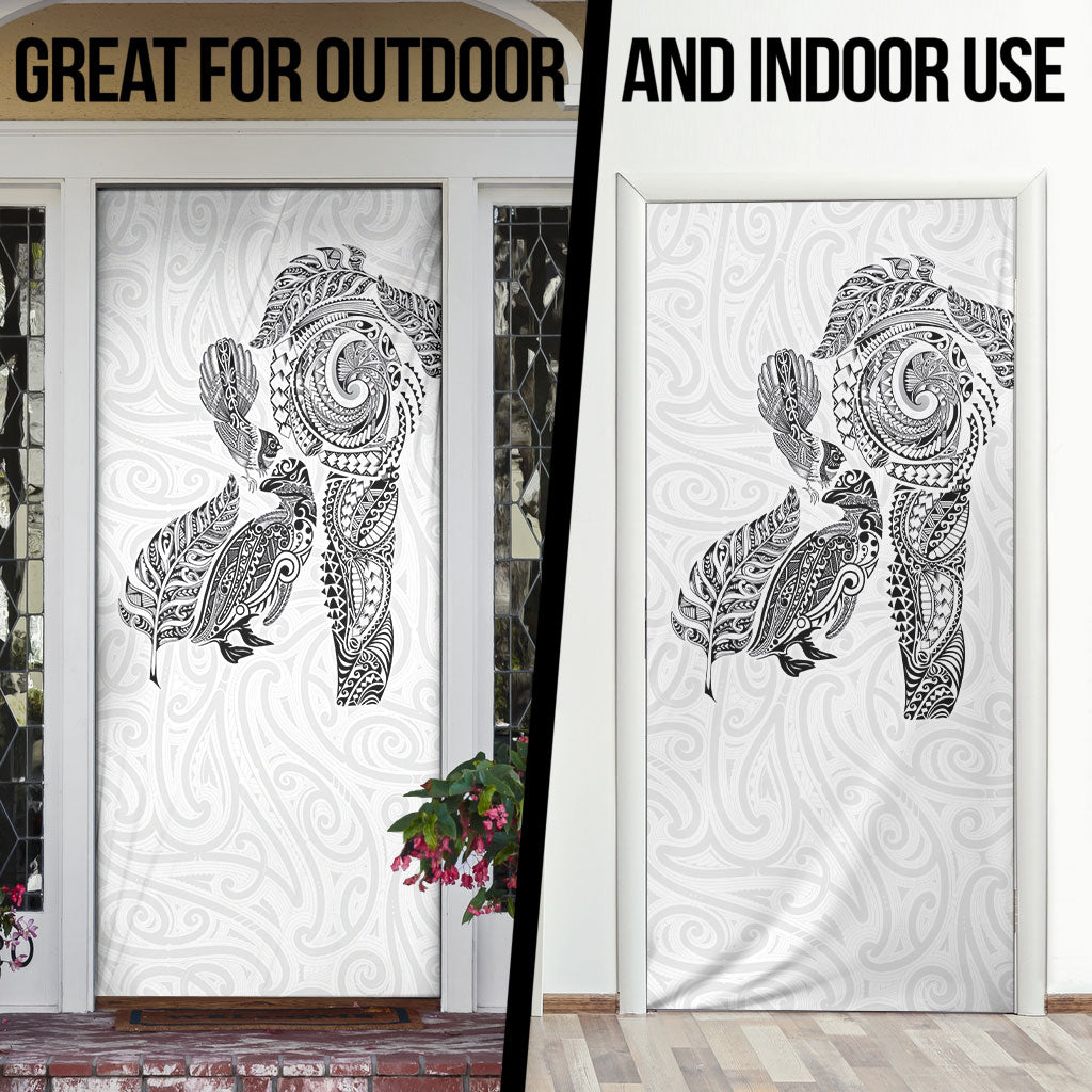 Aotearoa Moko Tribal Tattoo Door Cover New Zealand Maori Penguin and Fantail White Color