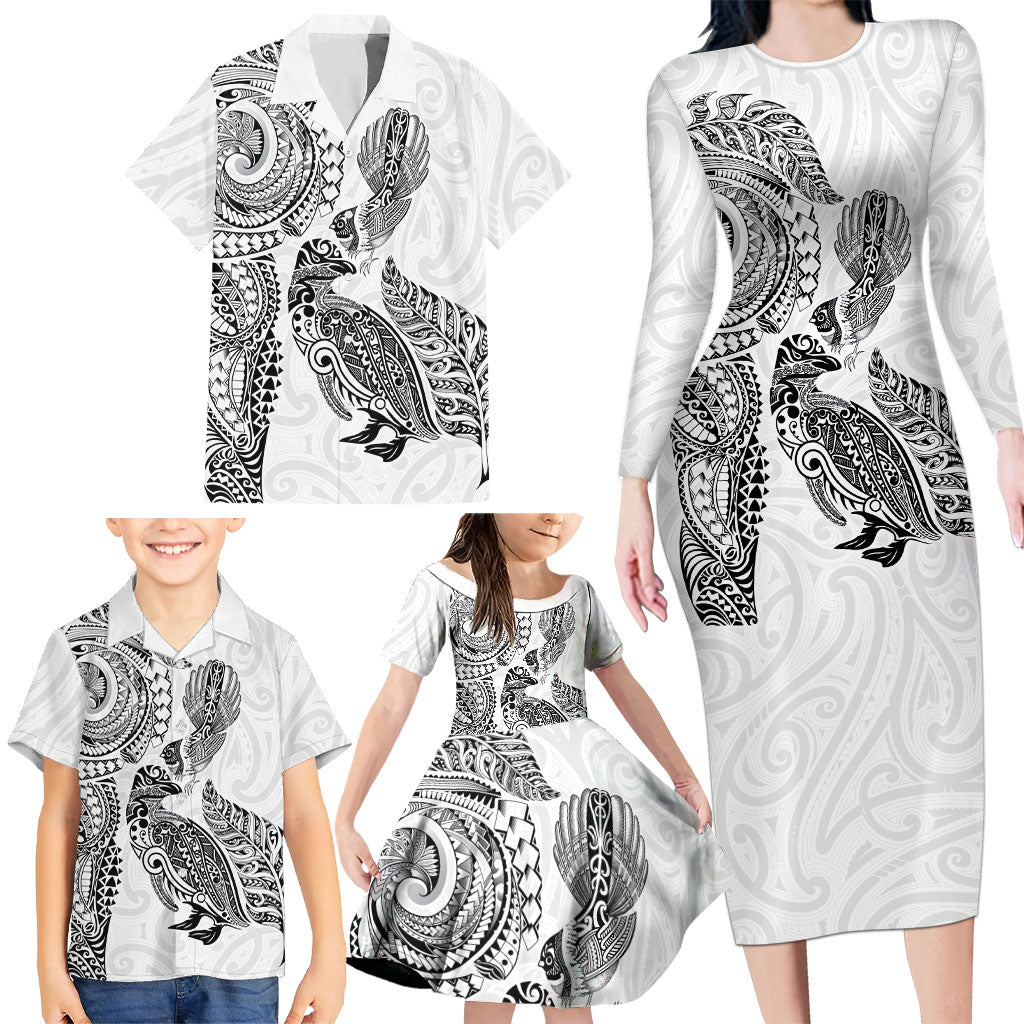 Aotearoa Moko Tribal Tattoo Family Matching Long Sleeve Bodycon Dress and Hawaiian Shirt New Zealand Maori Penguin and Fantail White Color LT03 - Polynesian Pride