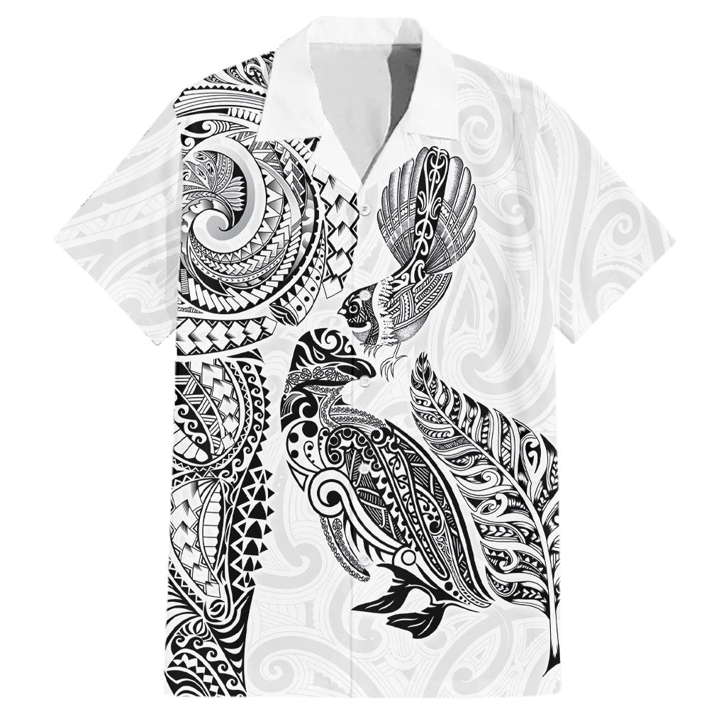 Aotearoa Moko Tribal Tattoo Family Matching Mermaid Dress and Hawaiian Shirt New Zealand Maori Penguin and Fantail White Color LT03 Dad's Shirt - Short Sleeve White - Polynesian Pride