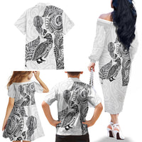 Aotearoa Moko Tribal Tattoo Family Matching Off The Shoulder Long Sleeve Dress and Hawaiian Shirt New Zealand Maori Penguin and Fantail White Color LT03 - Polynesian Pride