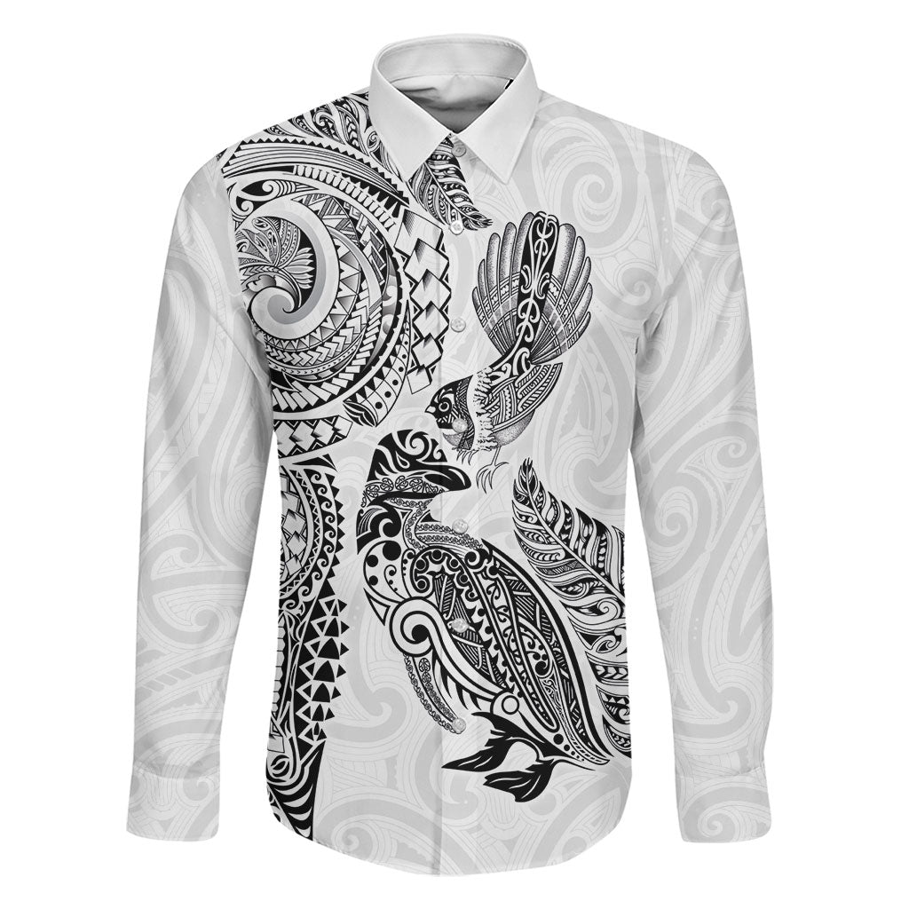 Aotearoa Moko Tribal Tattoo Family Matching Off Shoulder Maxi Dress and Hawaiian Shirt New Zealand Maori Penguin and Fantail White Color LT03 Dad's Shirt - Long Sleeve White - Polynesian Pride