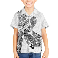 Aotearoa Moko Tribal Tattoo Family Matching Off Shoulder Maxi Dress and Hawaiian Shirt New Zealand Maori Penguin and Fantail White Color LT03 Son's Shirt White - Polynesian Pride