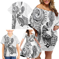 Aotearoa Moko Tribal Tattoo Family Matching Off Shoulder Short Dress and Hawaiian Shirt New Zealand Maori Penguin and Fantail White Color LT03 - Polynesian Pride