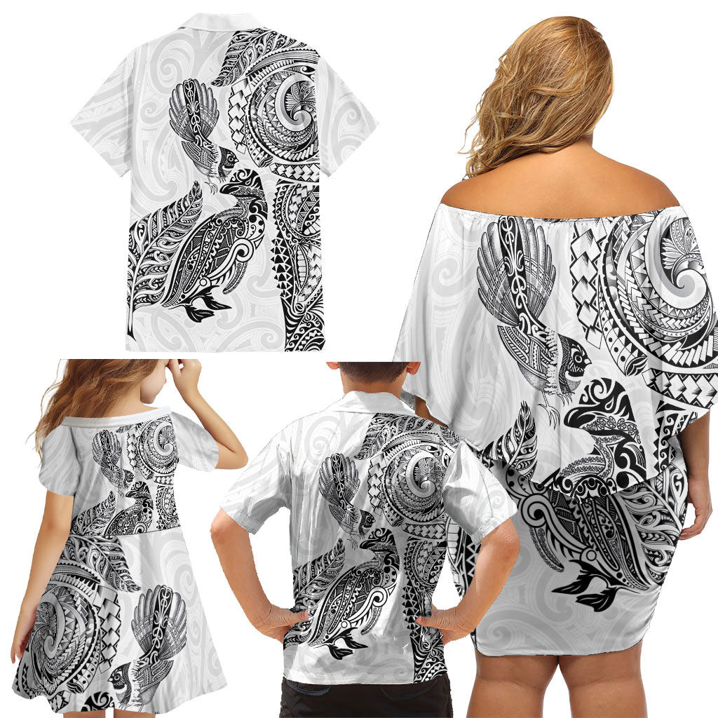 Aotearoa Moko Tribal Tattoo Family Matching Off Shoulder Short Dress and Hawaiian Shirt New Zealand Maori Penguin and Fantail White Color LT03 - Polynesian Pride