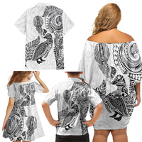 Aotearoa Moko Tribal Tattoo Family Matching Off Shoulder Short Dress and Hawaiian Shirt New Zealand Maori Penguin and Fantail White Color LT03 - Polynesian Pride