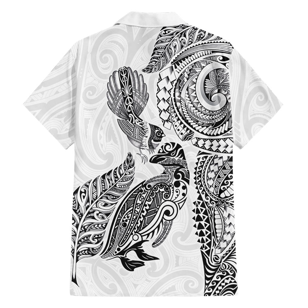 Aotearoa Moko Tribal Tattoo Family Matching Off Shoulder Short Dress and Hawaiian Shirt New Zealand Maori Penguin and Fantail White Color LT03 - Polynesian Pride