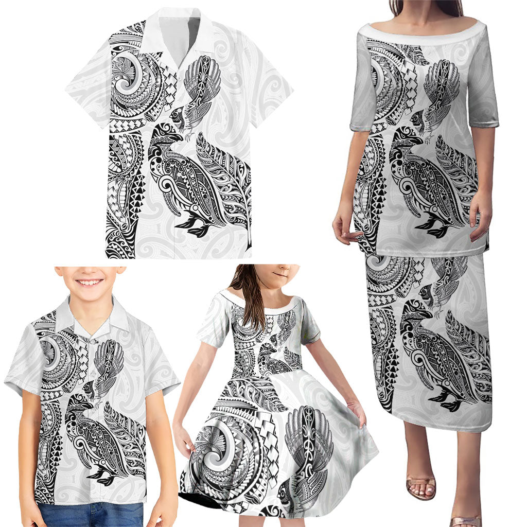 Aotearoa Moko Tribal Tattoo Family Matching Puletasi and Hawaiian Shirt New Zealand Maori Penguin and Fantail White Color LT03 - Polynesian Pride
