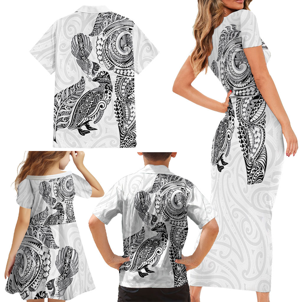 Aotearoa Moko Tribal Tattoo Family Matching Short Sleeve Bodycon Dress and Hawaiian Shirt New Zealand Maori Penguin and Fantail White Color LT03 - Polynesian Pride