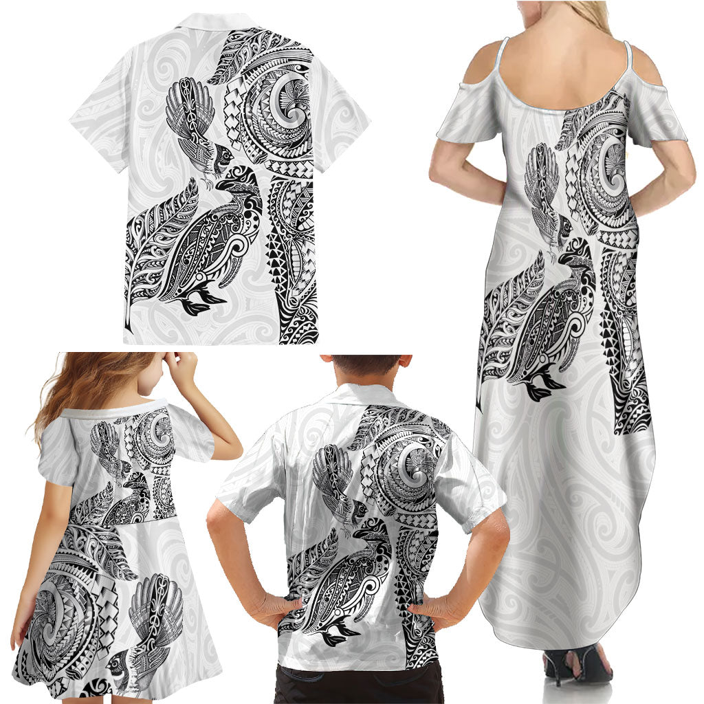 Aotearoa Moko Tribal Tattoo Family Matching Summer Maxi Dress and Hawaiian Shirt New Zealand Maori Penguin and Fantail White Color LT03 - Polynesian Pride