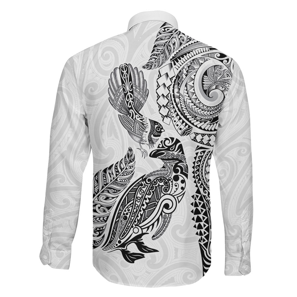 Aotearoa Moko Tribal Tattoo Family Matching Summer Maxi Dress and Hawaiian Shirt New Zealand Maori Penguin and Fantail White Color LT03 - Polynesian Pride