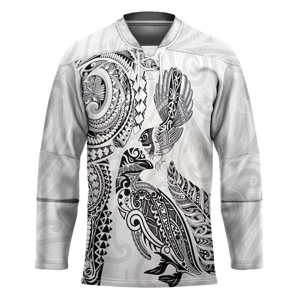 Aotearoa Moko Tribal Tattoo Hockey Jersey New Zealand Maori Penguin and Fantail White Color LT03 Unisex White - Polynesian Pride