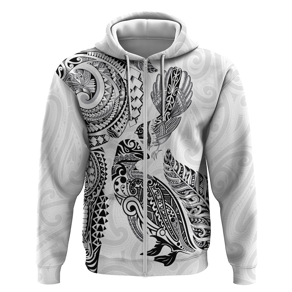 Aotearoa Moko Tribal Tattoo Hoodie New Zealand Maori Penguin and Fantail White Color