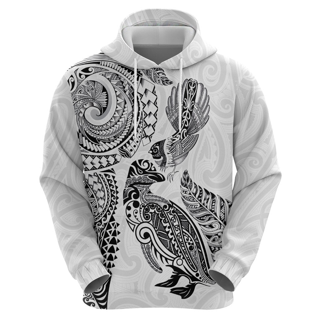 Aotearoa Moko Tribal Tattoo Hoodie New Zealand Maori Penguin and Fantail White Color
