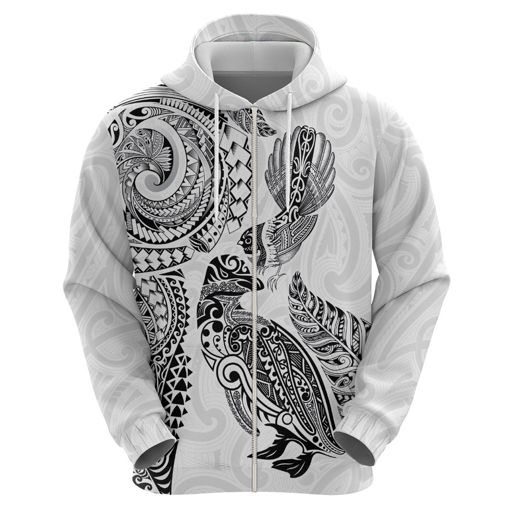 Aotearoa Moko Tribal Tattoo Hoodie New Zealand Maori Penguin and Fantail White Color