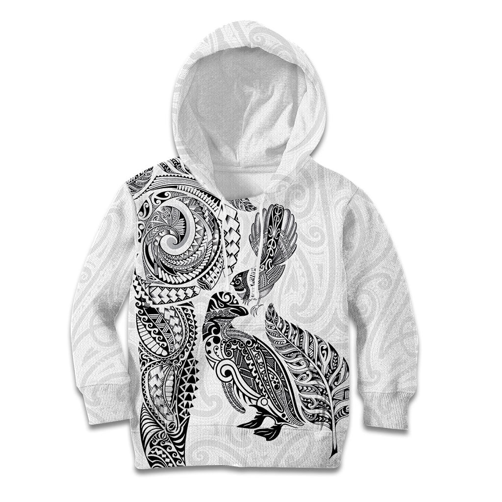 Aotearoa Moko Tribal Tattoo Kid Hoodie New Zealand Maori Penguin and Fantail White Color LT03 Hoodie White - Polynesian Pride