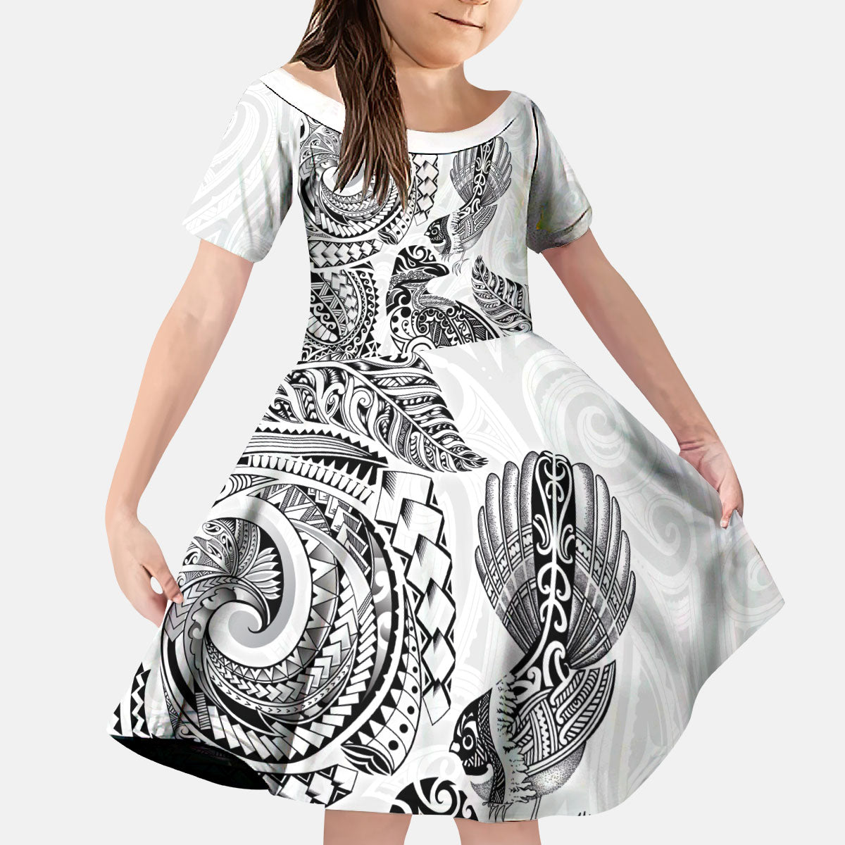Aotearoa Moko Tribal Tattoo Kid Short Sleeve Dress New Zealand Maori Penguin and Fantail White Color LT03 KID White - Polynesian Pride