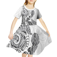 Aotearoa Moko Tribal Tattoo Kid Short Sleeve Dress New Zealand Maori Penguin and Fantail White Color LT03 - Polynesian Pride
