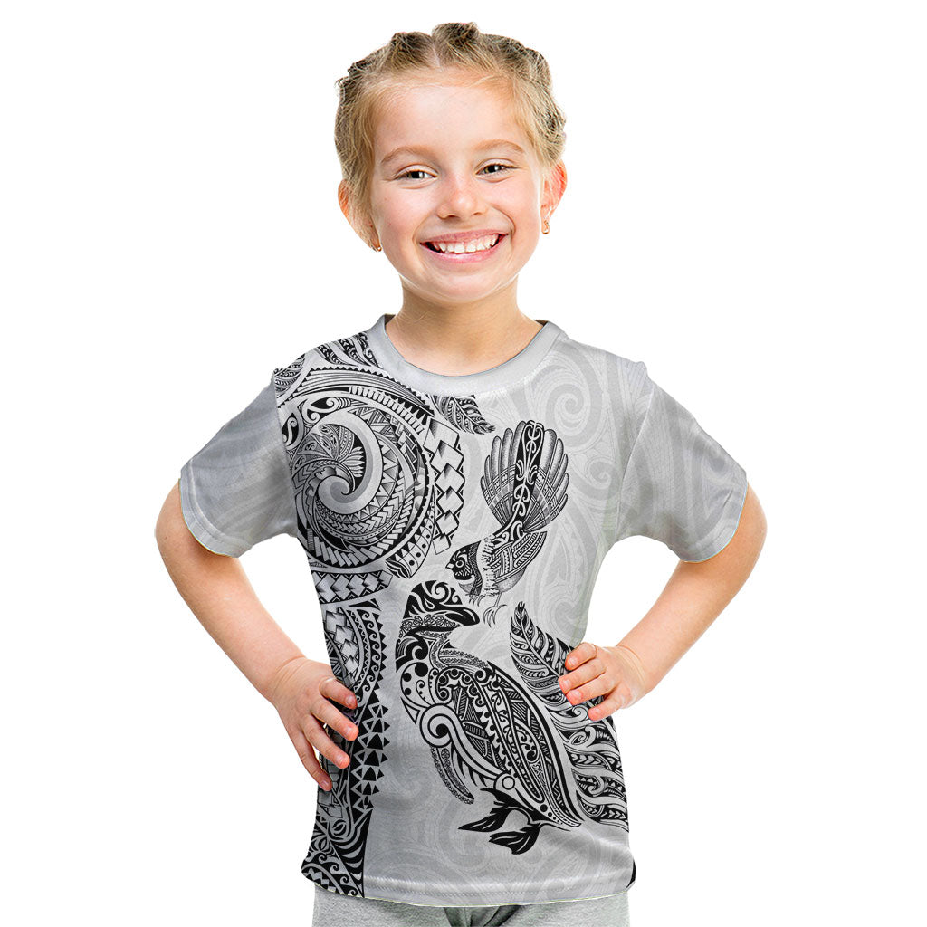 Aotearoa Moko Tribal Tattoo Kid T Shirt New Zealand Maori Penguin and Fantail White Color