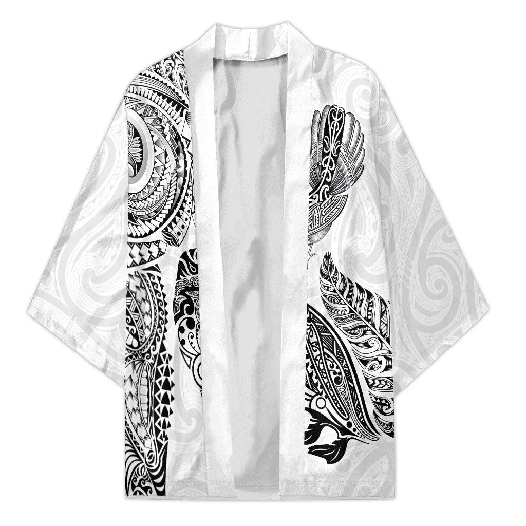Aotearoa Moko Tribal Tattoo Kimono New Zealand Maori Penguin and Fantail White Color LT03 Unisex White - Polynesian Pride