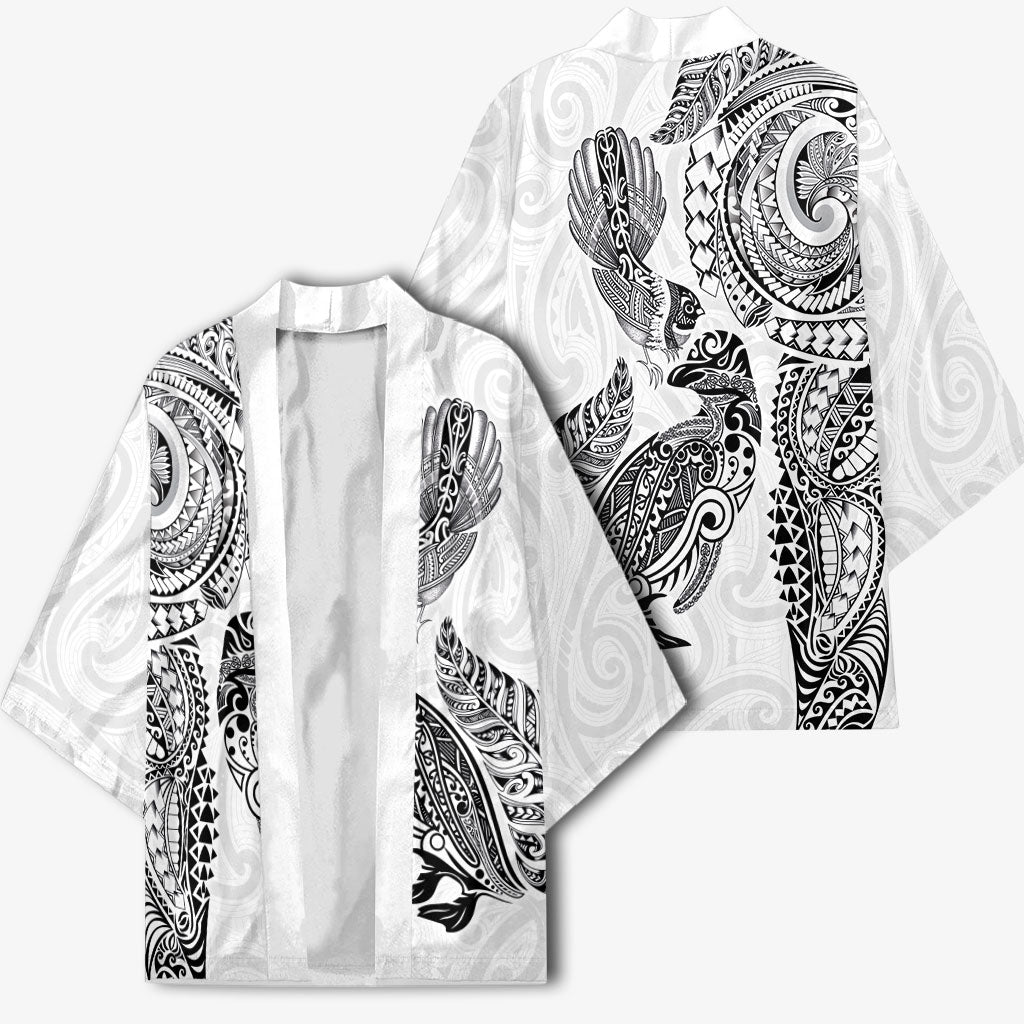 Aotearoa Moko Tribal Tattoo Kimono New Zealand Maori Penguin and Fantail White Color LT03 - Polynesian Pride
