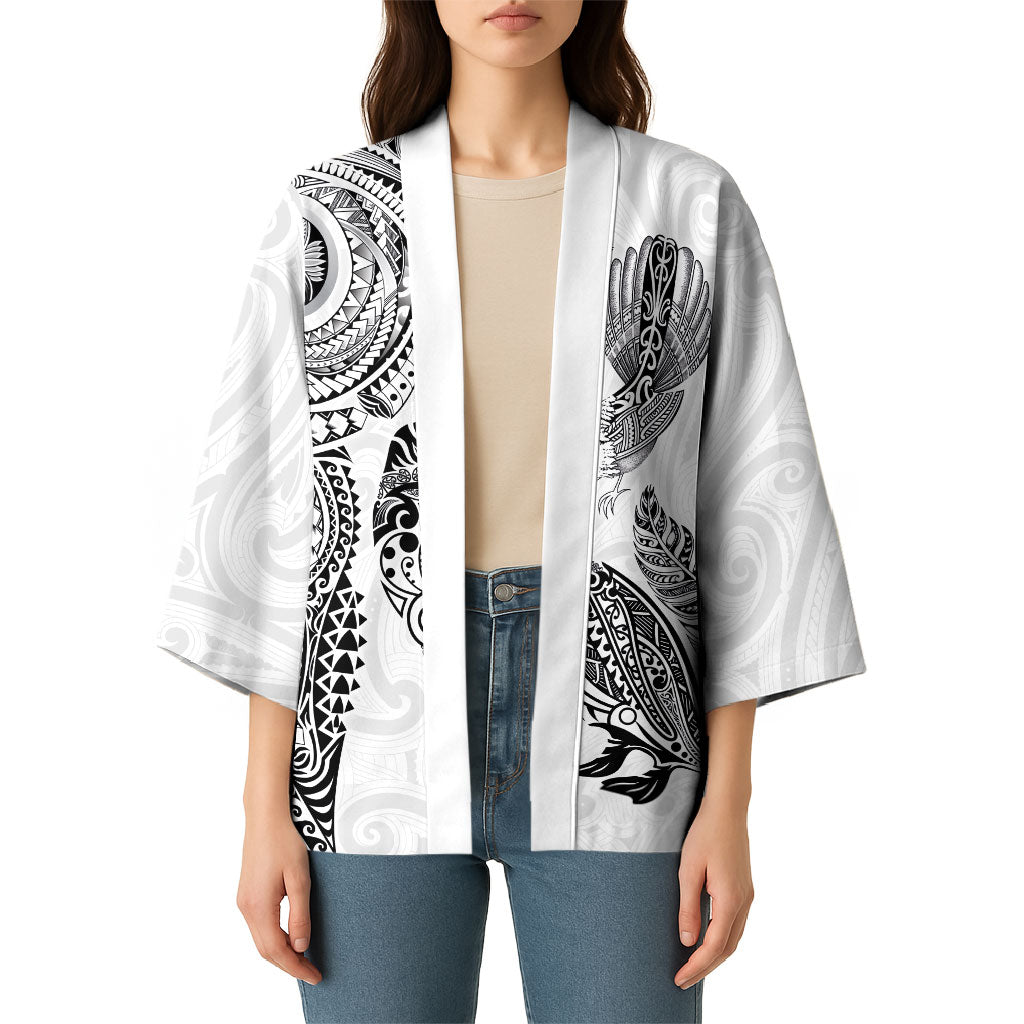 Aotearoa Moko Tribal Tattoo Kimono New Zealand Maori Penguin and Fantail White Color LT03 - Polynesian Pride