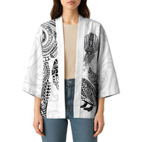 Aotearoa Moko Tribal Tattoo Kimono New Zealand Maori Penguin and Fantail White Color LT03 - Polynesian Pride