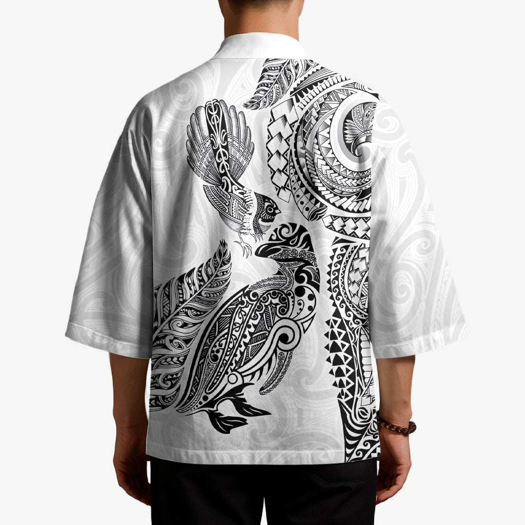 Aotearoa Moko Tribal Tattoo Kimono New Zealand Maori Penguin and Fantail White Color LT03 - Polynesian Pride