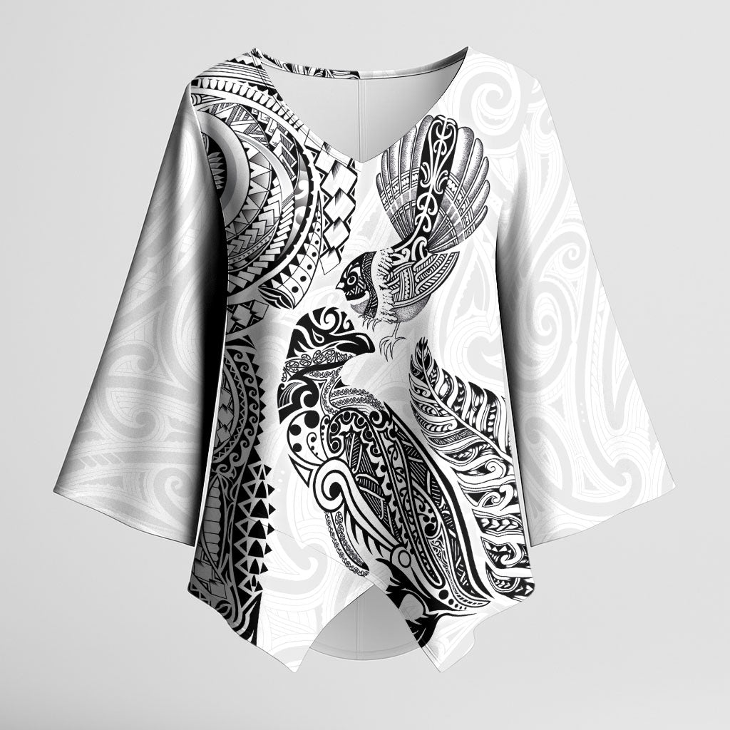 Aotearoa Moko Tribal Tattoo Kimono Sleeve Blouse New Zealand Maori Penguin and Fantail White Color