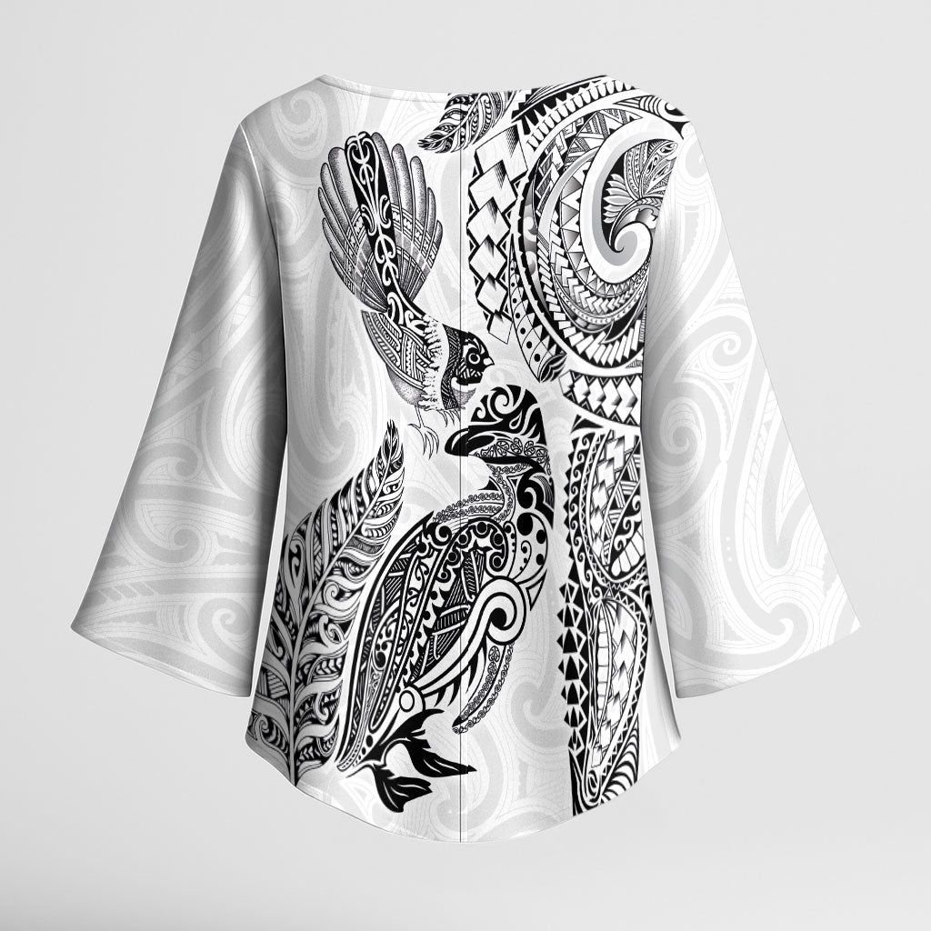 Aotearoa Moko Tribal Tattoo Kimono Sleeve Blouse New Zealand Maori Penguin and Fantail White Color LT03 - Polynesian Pride