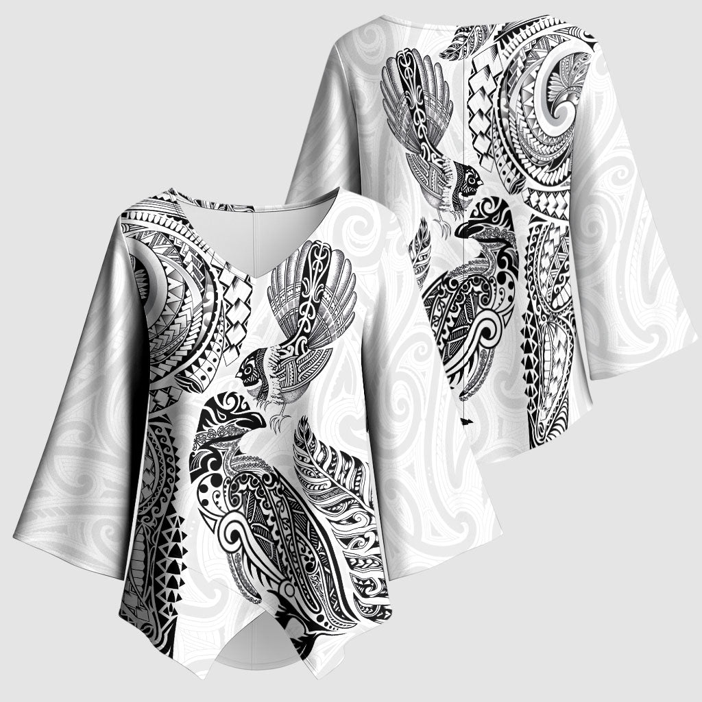 Aotearoa Moko Tribal Tattoo Kimono Sleeve Blouse New Zealand Maori Penguin and Fantail White Color LT03 - Polynesian Pride
