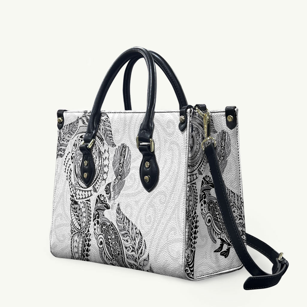 Aotearoa Moko Tribal Tattoo Leather Bag New Zealand Maori Penguin and Fantail White Color