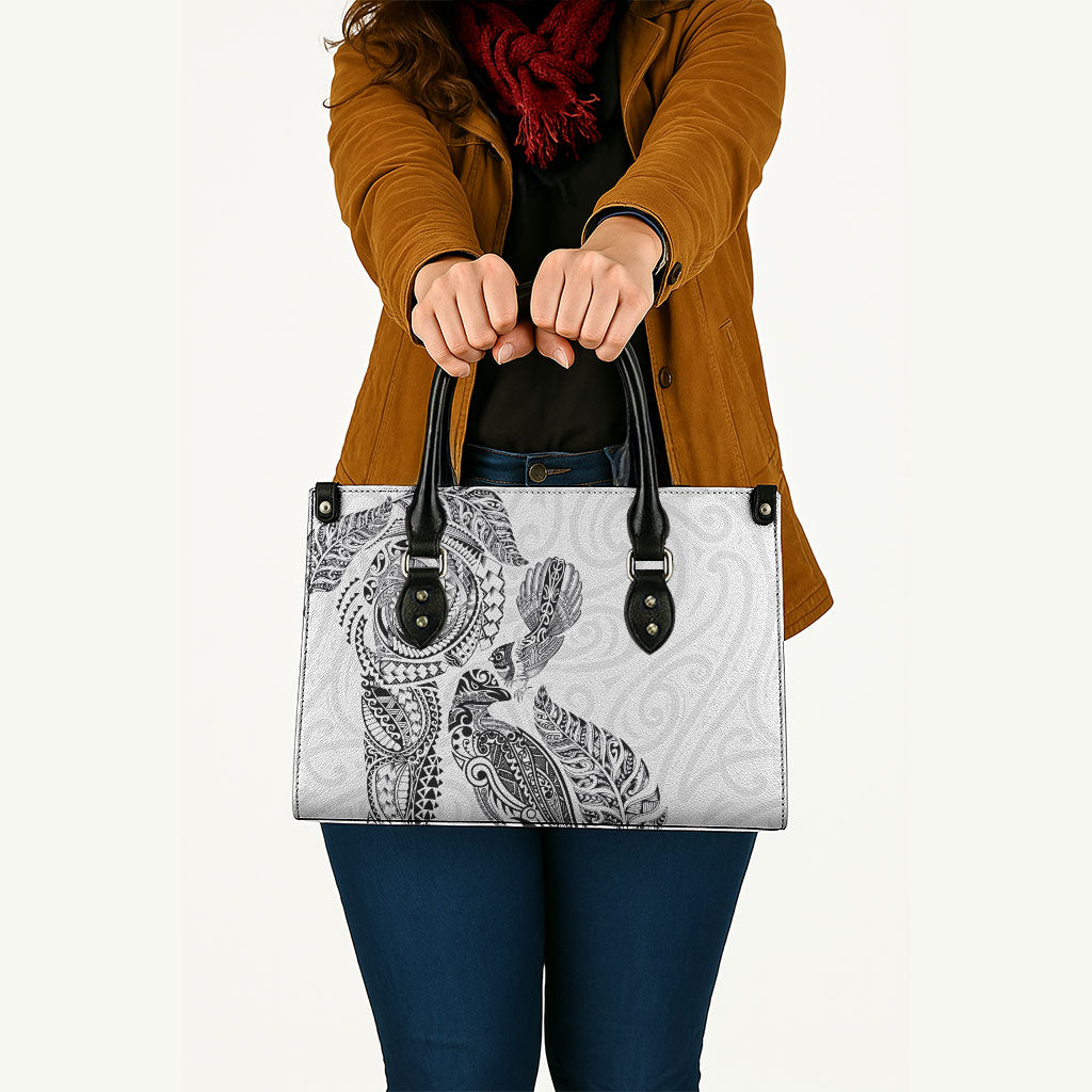 Aotearoa Moko Tribal Tattoo Leather Bag New Zealand Maori Penguin and Fantail White Color LT03 - Polynesian Pride