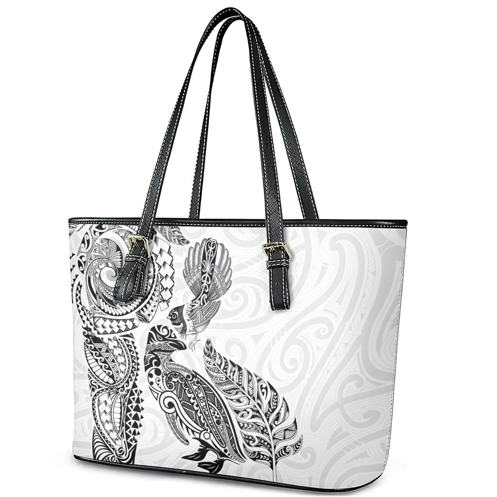 Aotearoa Moko Tribal Tattoo Leather Tote Bag New Zealand Maori Penguin and Fantail White Color LT03 - Polynesian Pride