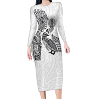 Aotearoa Moko Tribal Tattoo Long Sleeve Bodycon Dress New Zealand Maori Penguin and Fantail White Color LT03 Long Dress White - Polynesian Pride