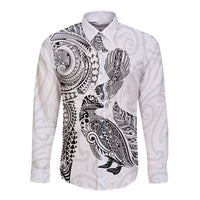Aotearoa Moko Tribal Tattoo Long Sleeve Button Shirt New Zealand Maori Penguin and Fantail White Color LT03 Unisex White - Polynesian Pride