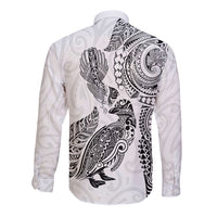 Aotearoa Moko Tribal Tattoo Long Sleeve Button Shirt New Zealand Maori Penguin and Fantail White Color LT03 - Polynesian Pride