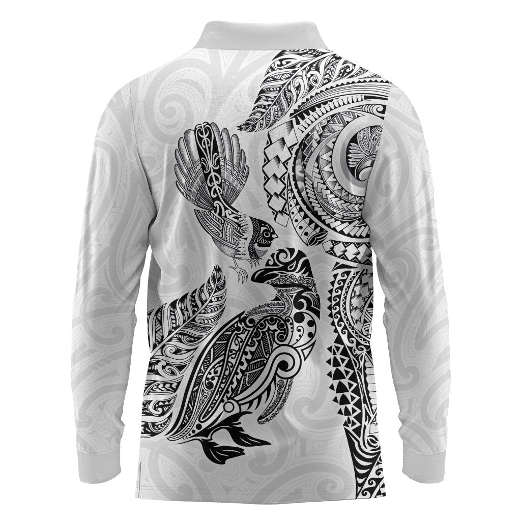 Aotearoa Moko Tribal Tattoo Long Sleeve Polo Shirt New Zealand Maori Penguin and Fantail White Color