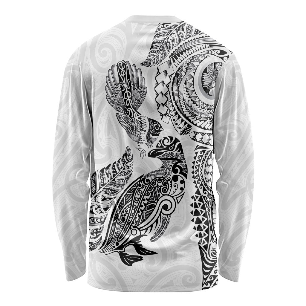 Aotearoa Moko Tribal Tattoo Long Sleeve Shirt New Zealand Maori Penguin and Fantail White Color LT03 - Polynesian Pride