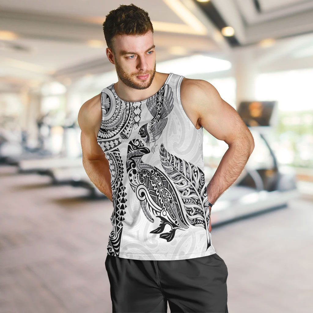 Aotearoa Moko Tribal Tattoo Men Tank Top New Zealand Maori Penguin and Fantail White Color LT03 White - Polynesian Pride