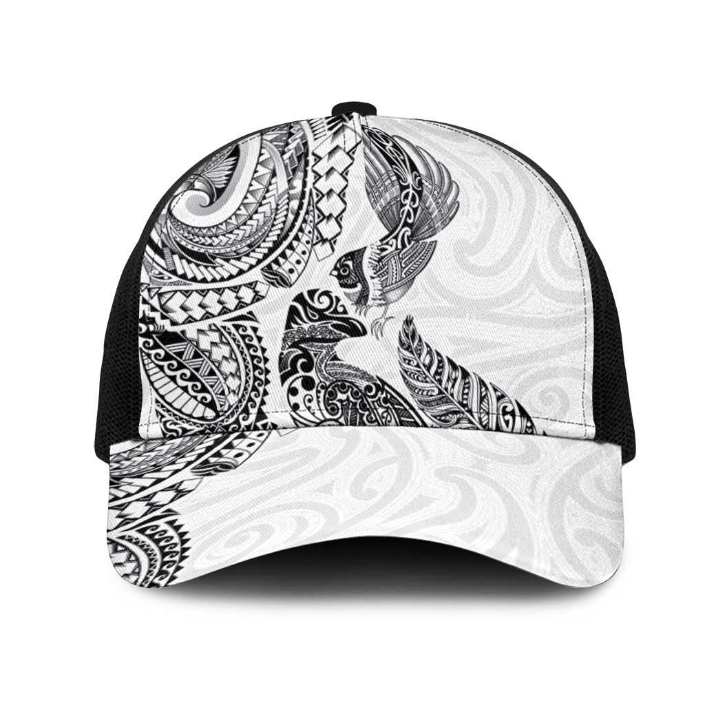 Aotearoa Moko Tribal Tattoo Mesh Trucker Cap New Zealand Maori Penguin and Fantail White Color