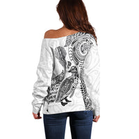 Aotearoa Moko Tribal Tattoo Off Shoulder Sweater New Zealand Maori Penguin and Fantail White Color LT03 - Polynesian Pride