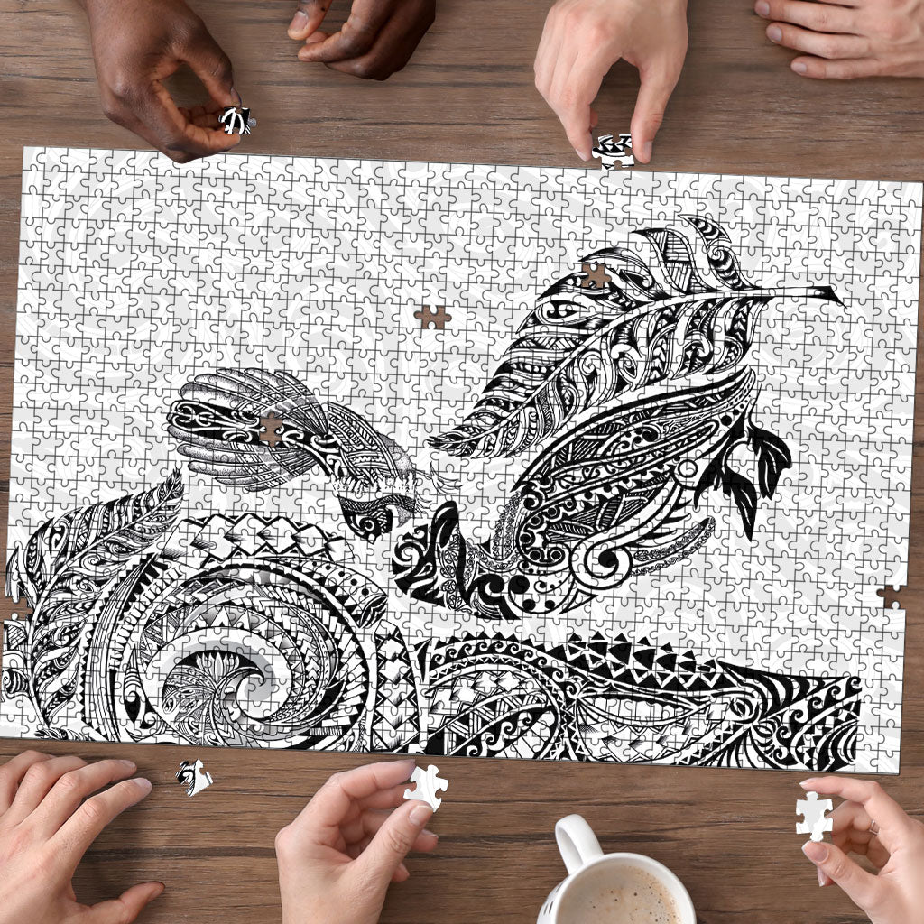 Aotearoa Moko Tribal Tattoo Puzzle New Zealand Maori Penguin and Fantail White Color