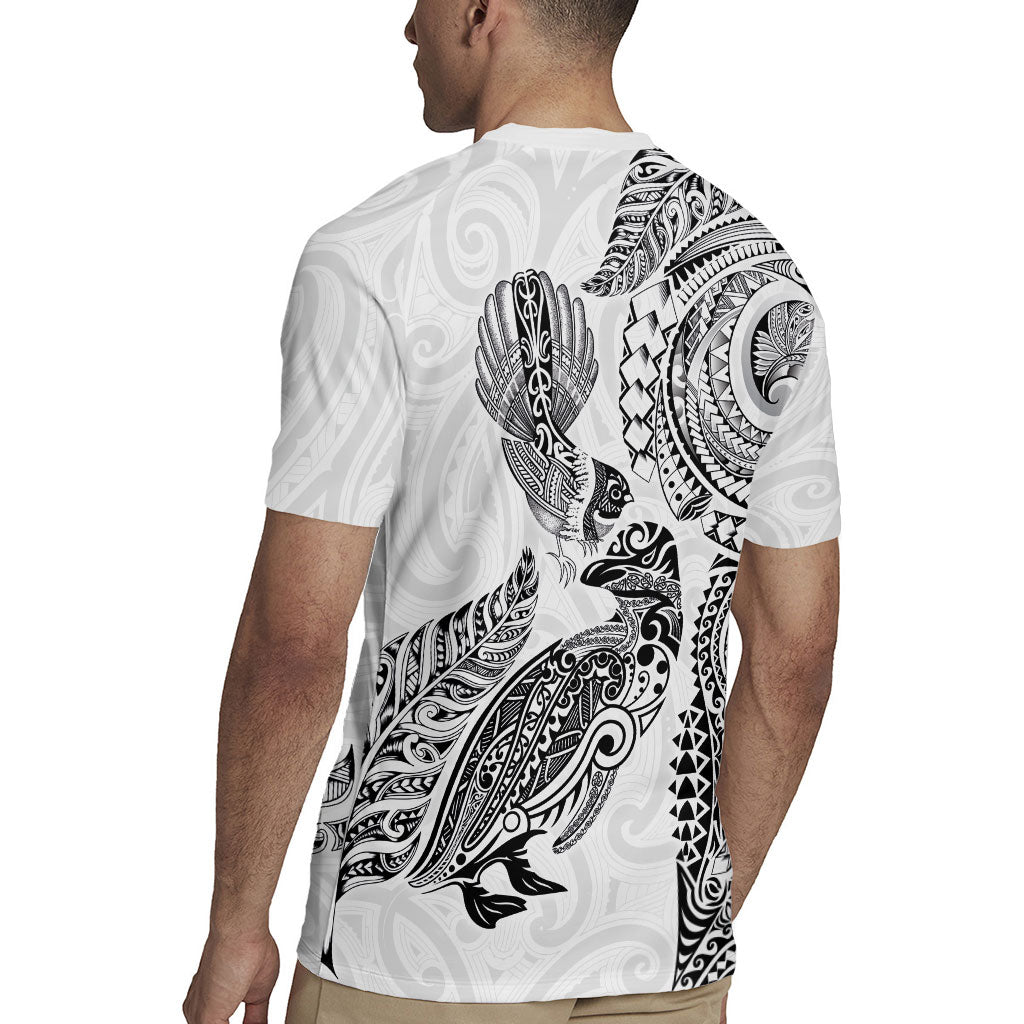 Aotearoa Moko Tribal Tattoo Rugby Jersey New Zealand Maori Penguin and Fantail White Color LT03 - Polynesian Pride