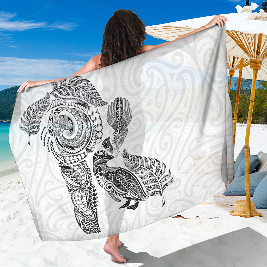 Aotearoa Moko Tribal Tattoo Sarong New Zealand Maori Penguin and Fantail White Color LT03 One Size 44 x 66 inches White - Polynesian Pride