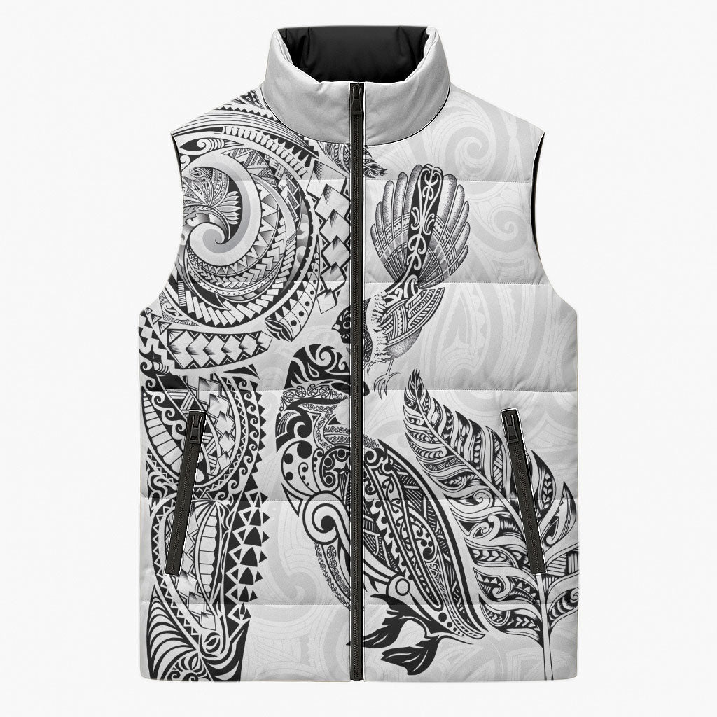Aotearoa Moko Tribal Tattoo Sleeveless Puffer Jacket New Zealand Maori Penguin and Fantail White Color