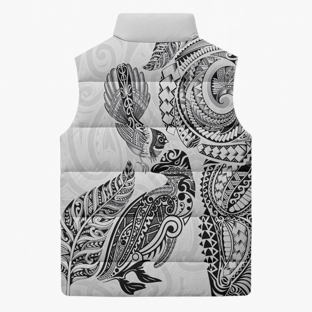 Aotearoa Moko Tribal Tattoo Sleeveless Puffer Jacket New Zealand Maori Penguin and Fantail White Color LT03 - Polynesian Pride