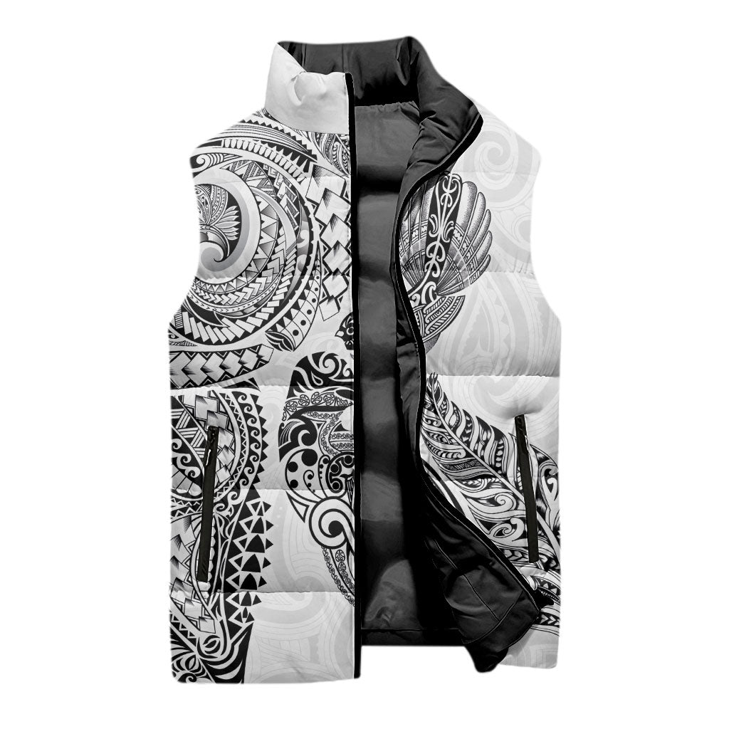 Aotearoa Moko Tribal Tattoo Sleeveless Puffer Jacket New Zealand Maori Penguin and Fantail White Color LT03 - Polynesian Pride